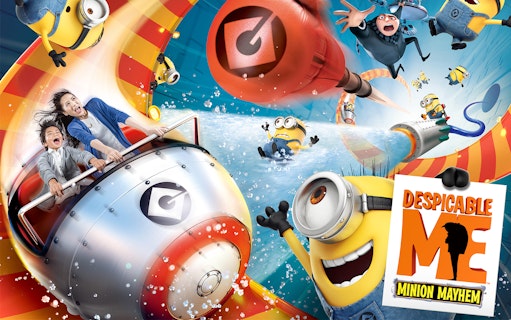 Tourists on a thrilling ride with Minions at Universal Studios Japan's Despicable Me attraction.