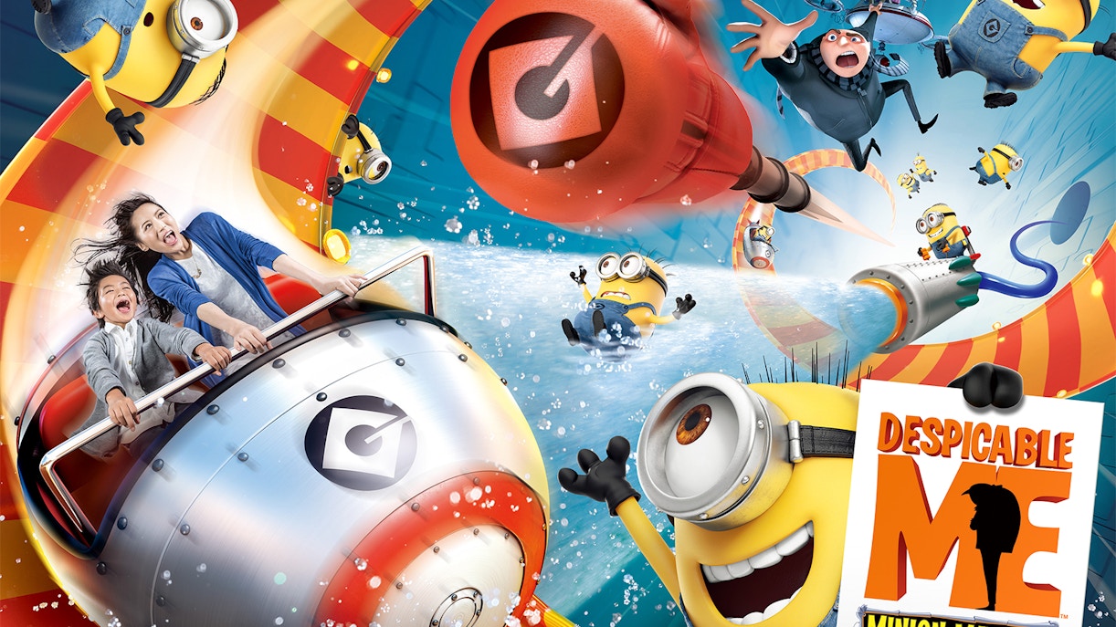 Tourists on a thrilling ride with Minions at Universal Studios Japan's Despicable Me attraction.