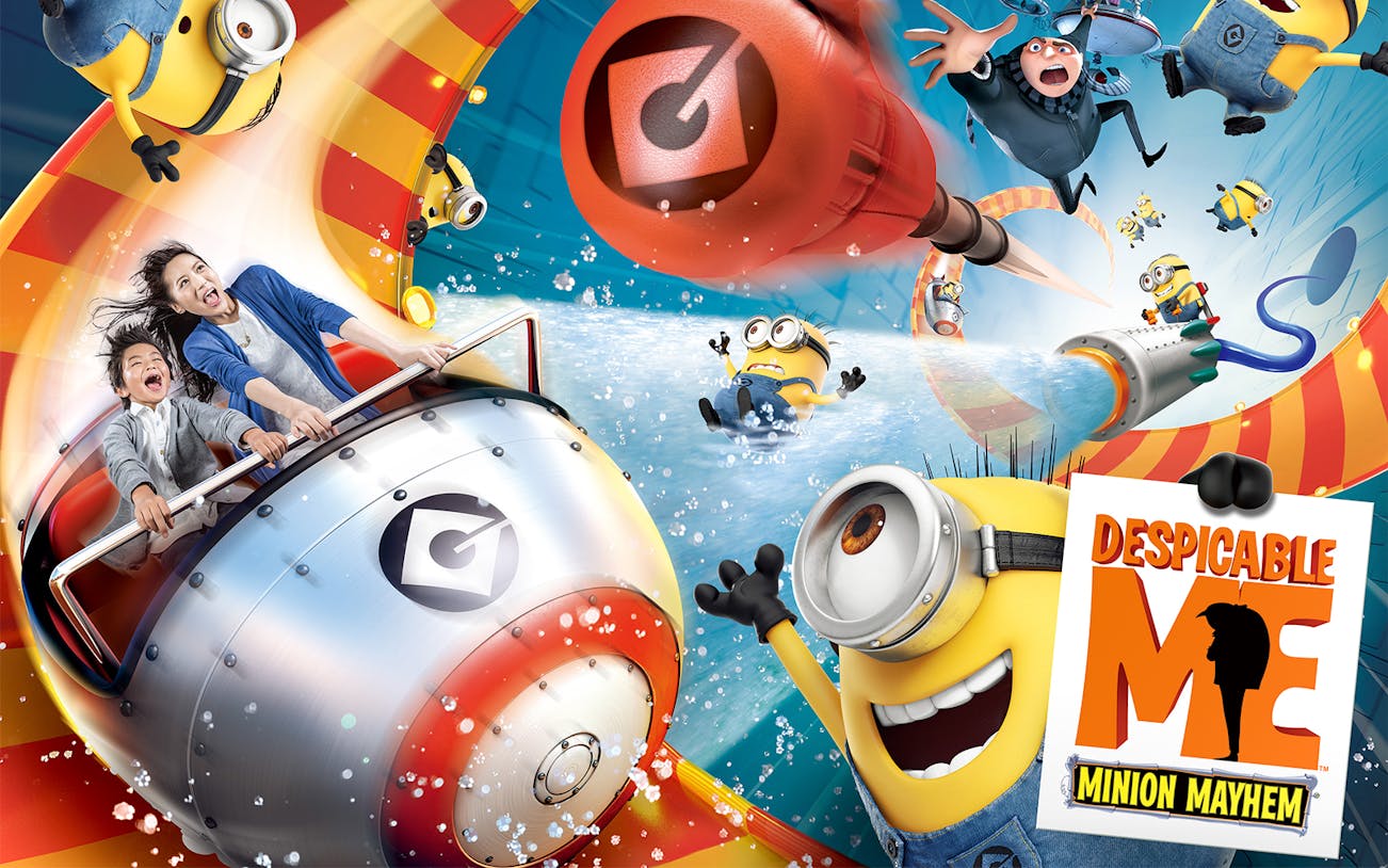 Tourists on a thrilling ride with Minions at Universal Studios Japan's Despicable Me attraction.