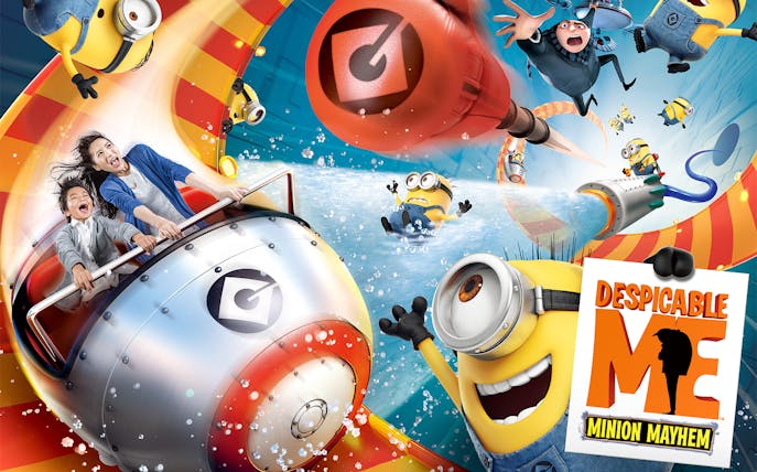 Tourists on a thrilling ride with Minions at Universal Studios Japan's Despicable Me attraction.