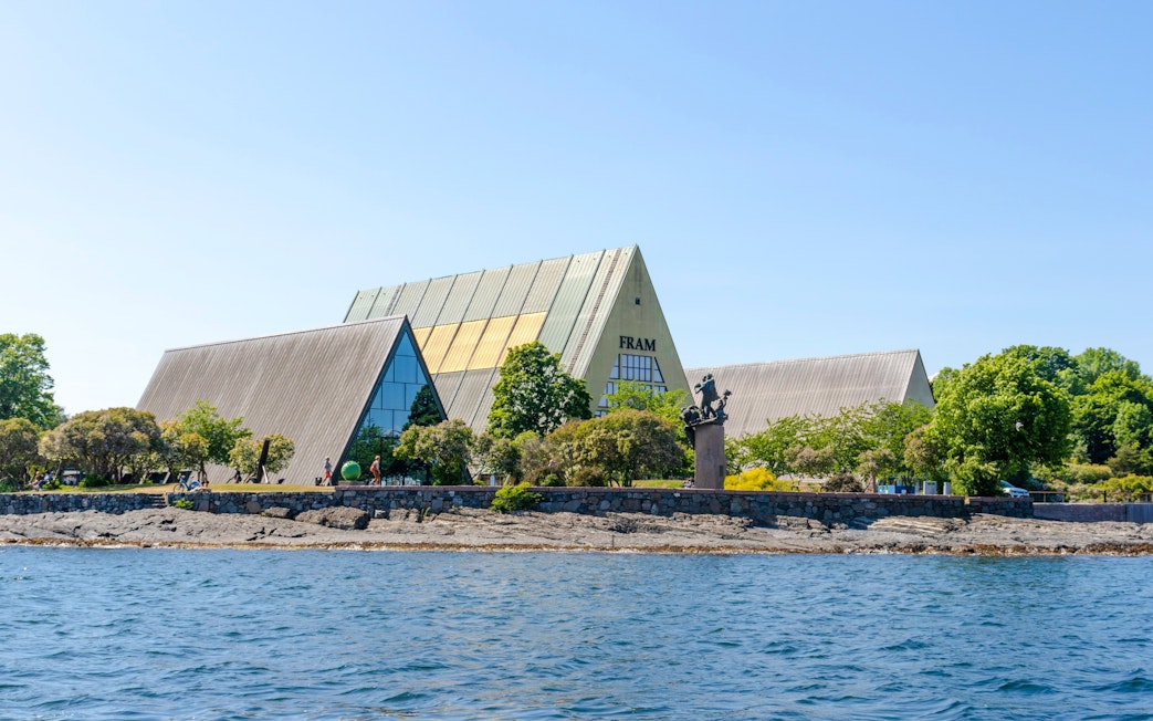 Fram Museum on Bygdoy peninsula, Oslo, Norway, viewed from the water.