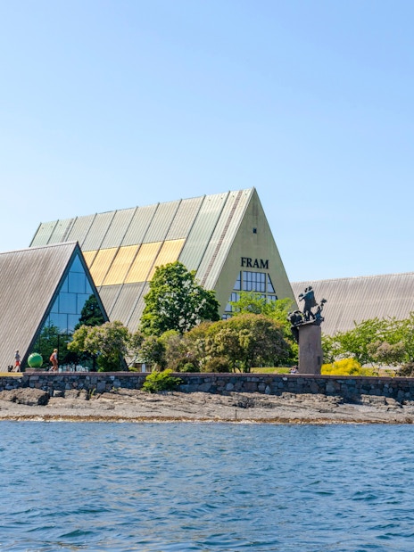 Fram Museum on Bygdoy peninsula, Oslo, Norway, viewed from the water.