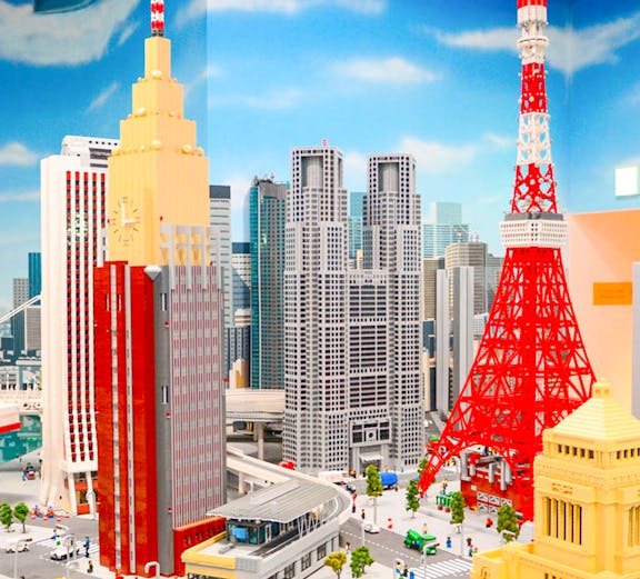 LEGO model of Tokyo skyline featuring Tokyo Tower at LEGOLAND Discovery Center Tokyo.