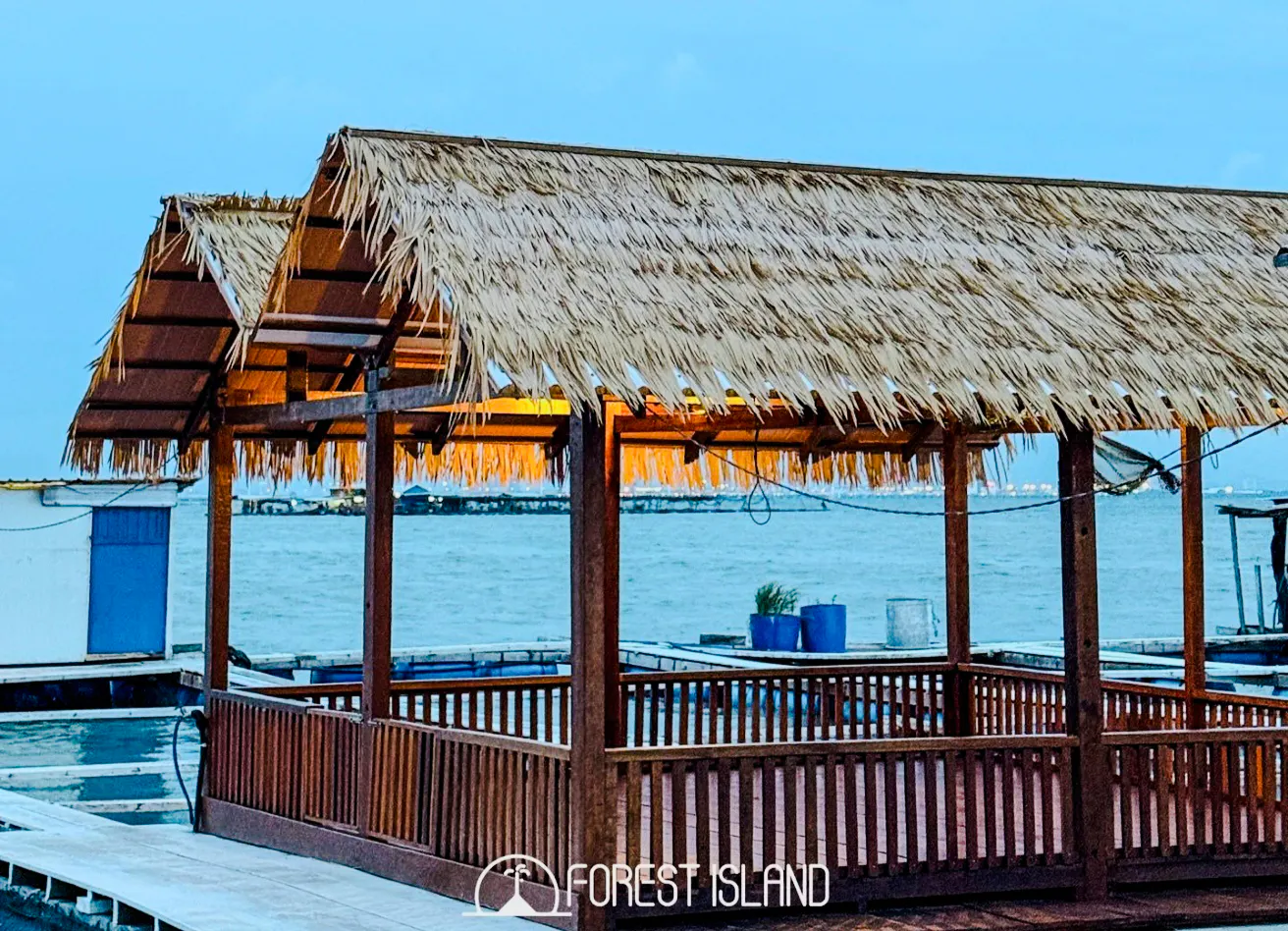 Thatched-roof pavilion overlooking the sea on Penang's Forest Island.