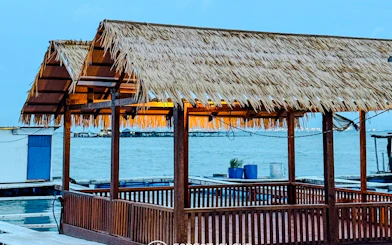 Thatched-roof pavilion overlooking the sea on Penang's Forest Island.