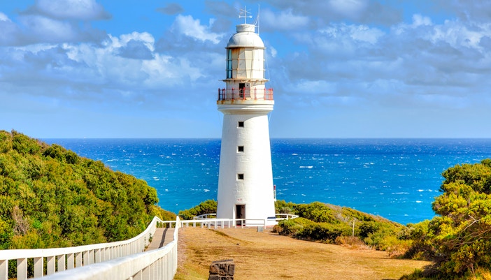 Cape Otway Lighthouse overlooking rugged coastline in Victoria, Australia.