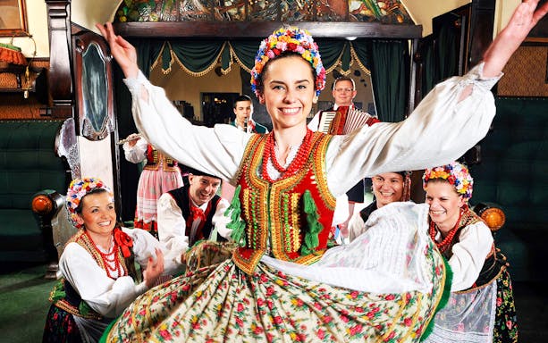 Folk dancers performing at Jama Michalika Cafe during a 3-course dinner show.