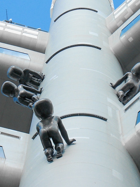 Žižkov Television Tower in Prague with crawling baby sculptures.