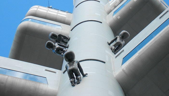 Žižkov Television Tower in Prague with crawling baby sculptures.