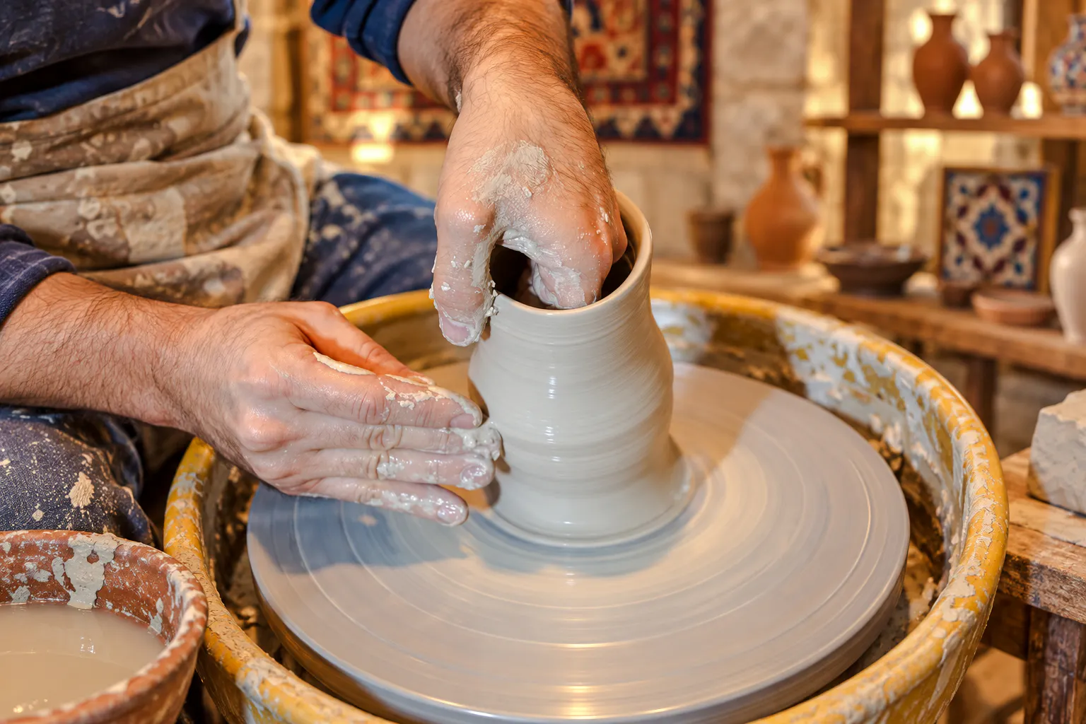 Local artisan shaping clay on a pottery wheel in Baku workshop.