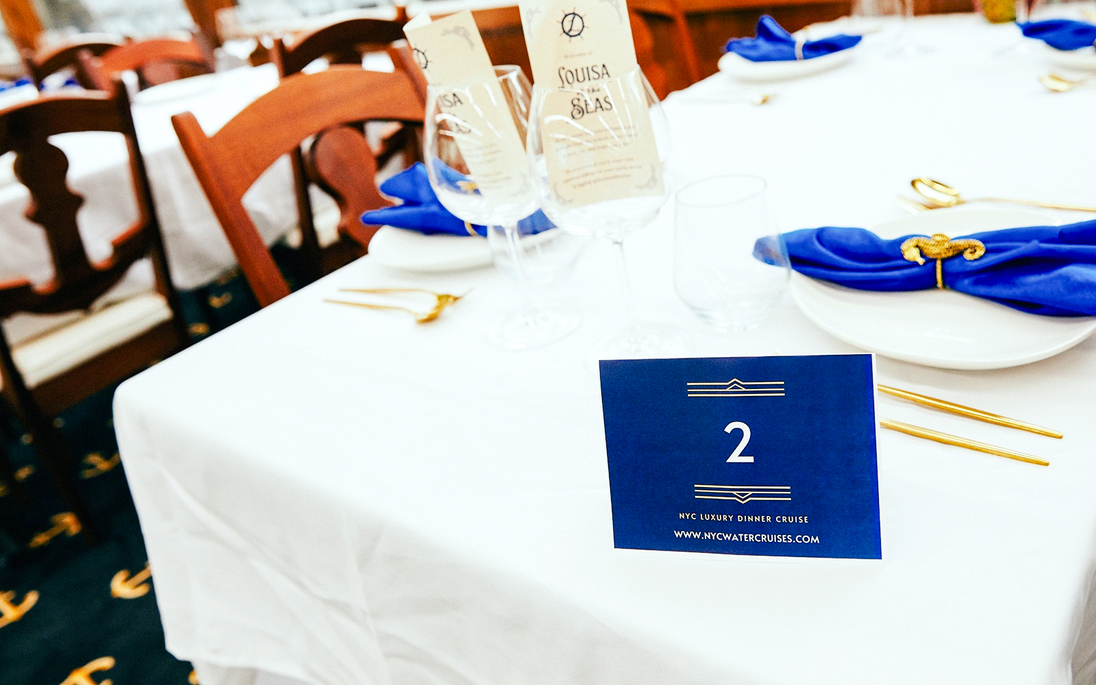 Elegant table setting for New Year's Eve Dinner Cruise in NYC.