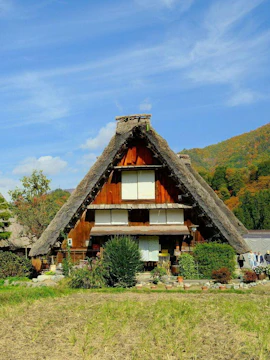 Thatch-roof farmhouse in Ogimachi, Shirakawa, Japan, with autumn foliage in the background.