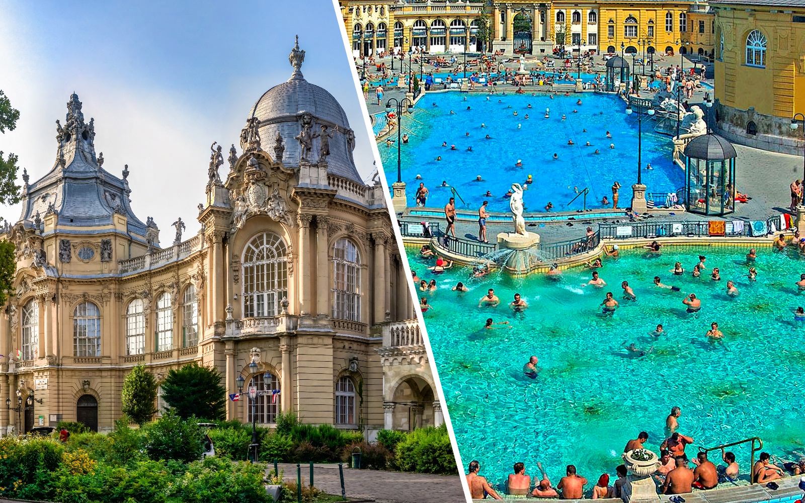 Vajdahunyad Castle museum and Széchenyi Thermal Bath in Budapest, Hungary.