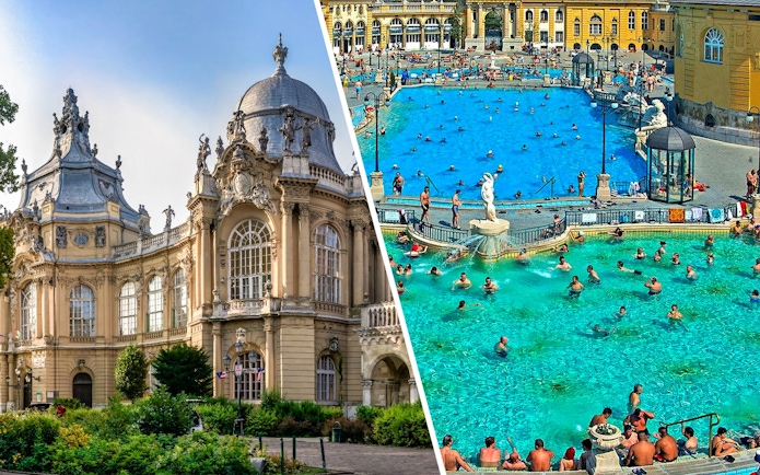 Vajdahunyad Castle museum and Széchenyi Thermal Bath in Budapest, Hungary.