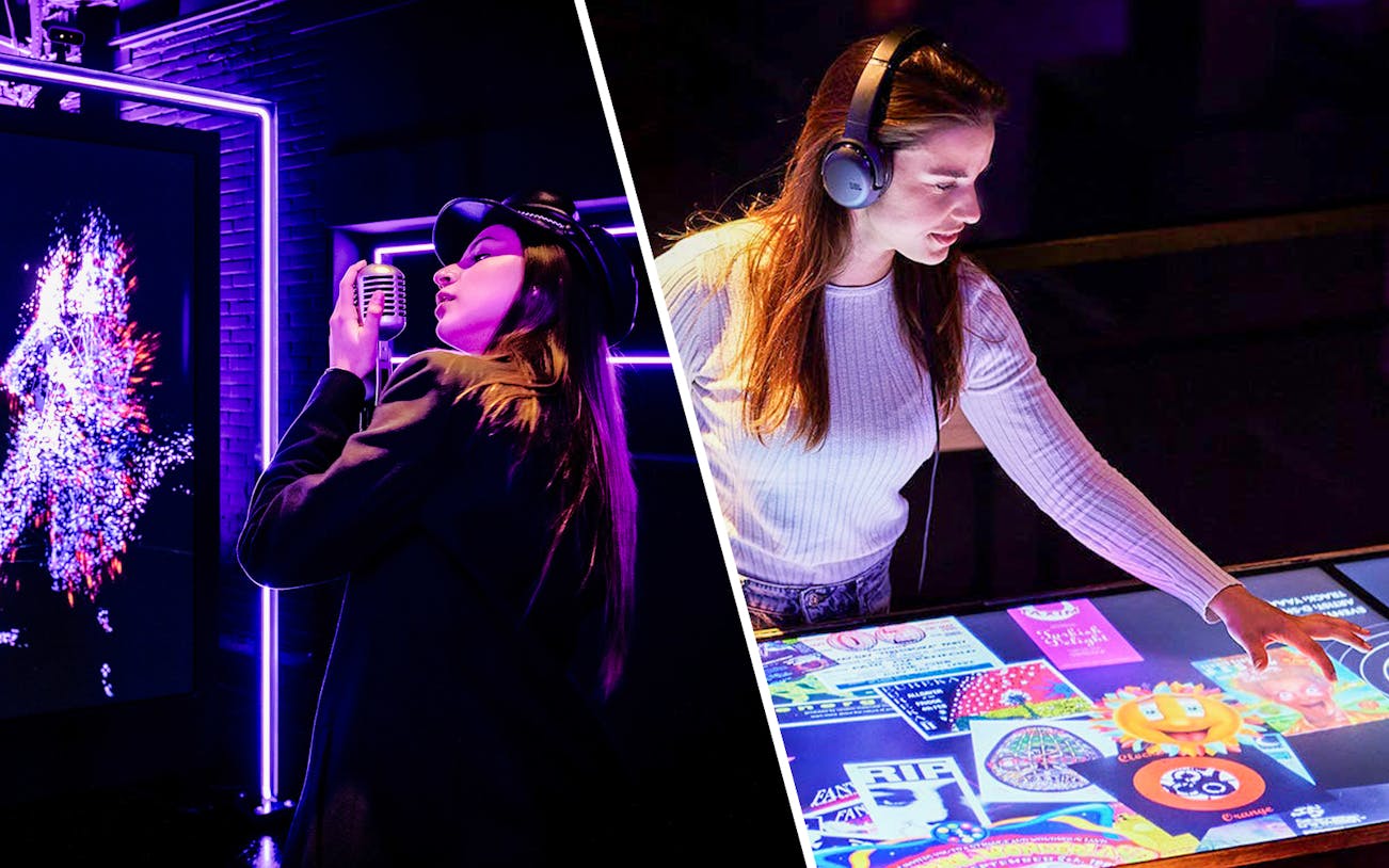 Visitors engaging with interactive exhibits at AMAZE Amsterdam and Our House Museum of EDM.