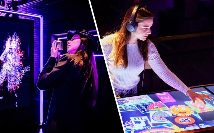 Visitors engaging with interactive exhibits at AMAZE Amsterdam and Our House Museum of EDM.