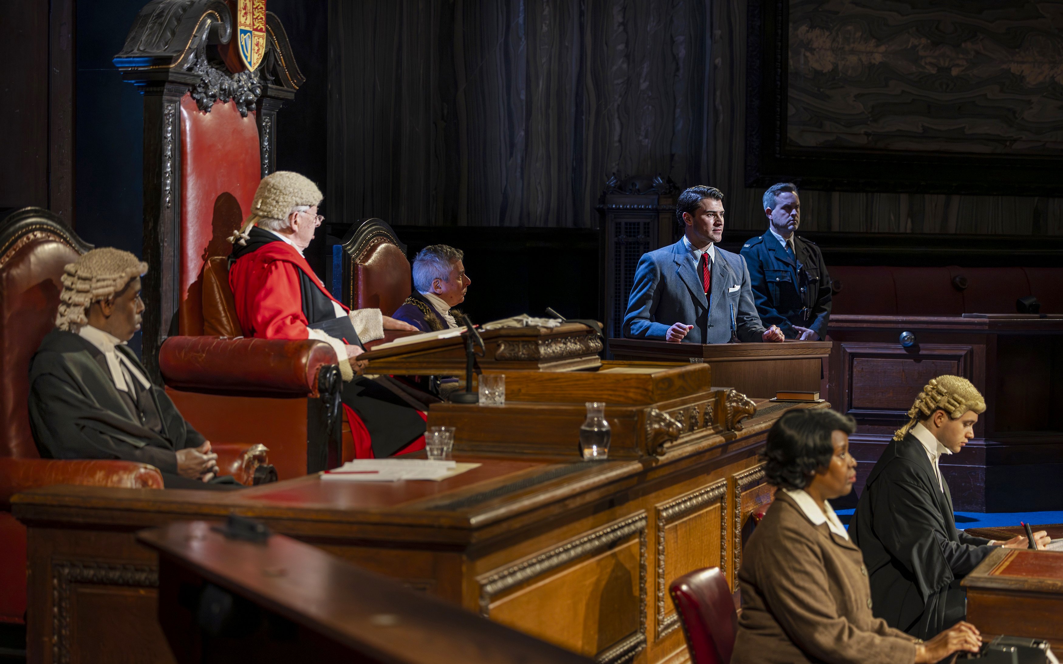 Cast of "Witness for the Prosecution" in courtroom scene, West End show.