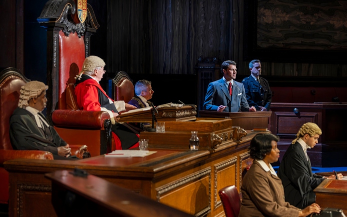 Cast of "Witness for the Prosecution" in courtroom scene, West End show.