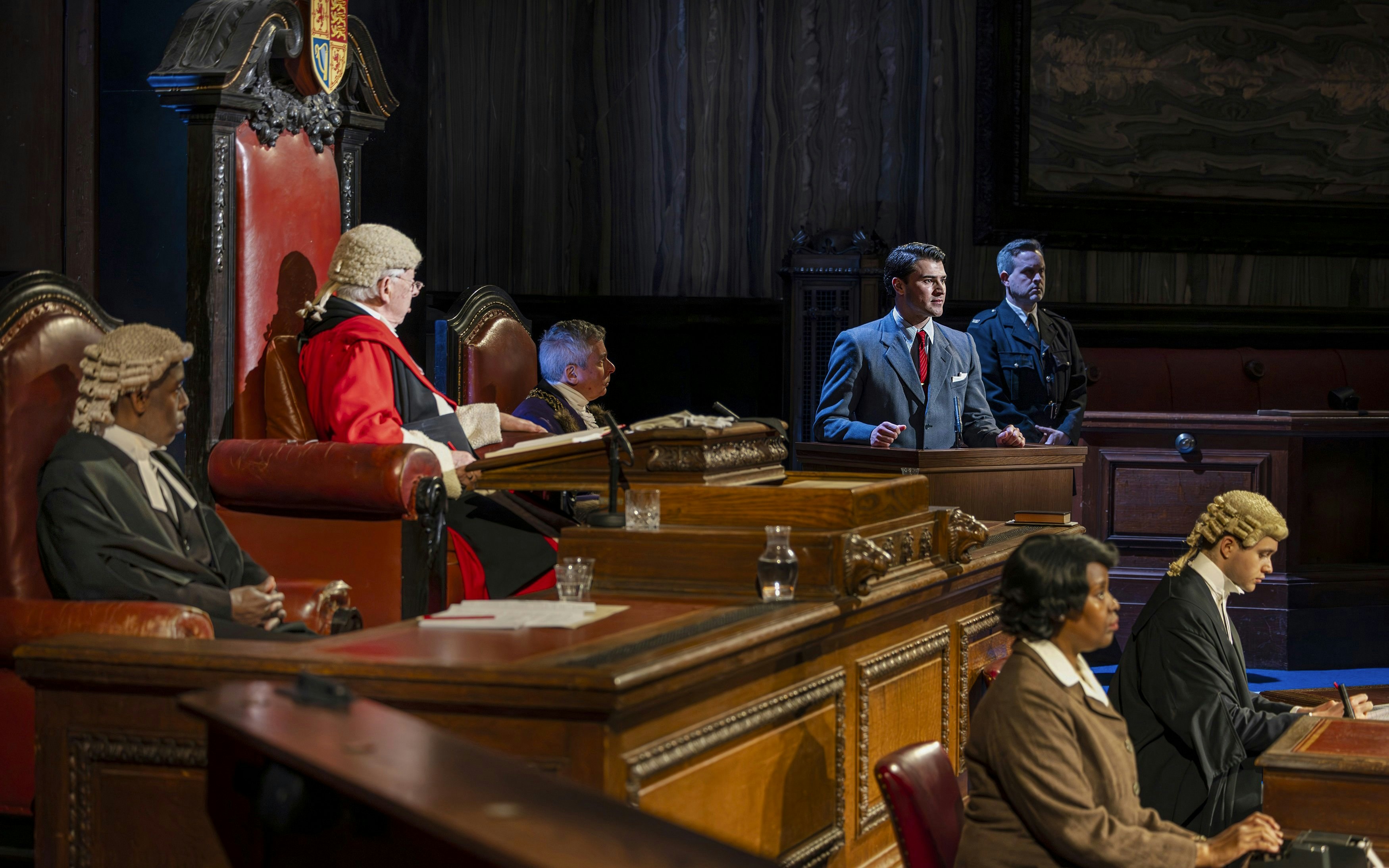 Cast of "Witness for the Prosecution" in courtroom scene, West End show.