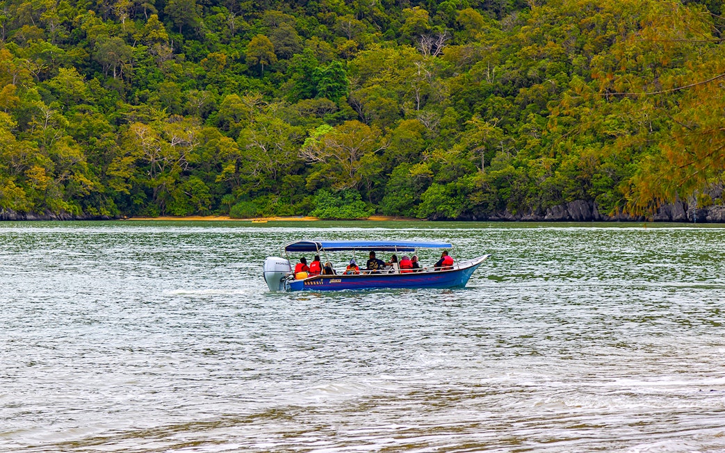 Tourists on a boat exploring Langkawi's mangrove waterways and limestone formations.