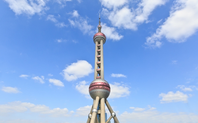 Oriental Pearl Tower against blue sky in Shanghai, China.
