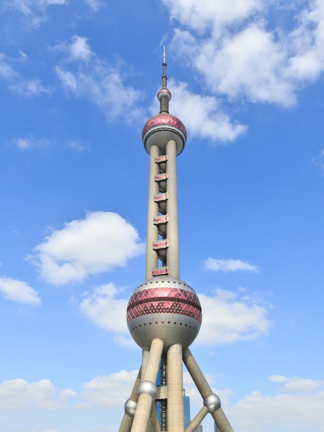 Oriental Pearl Tower against blue sky in Shanghai, China.
