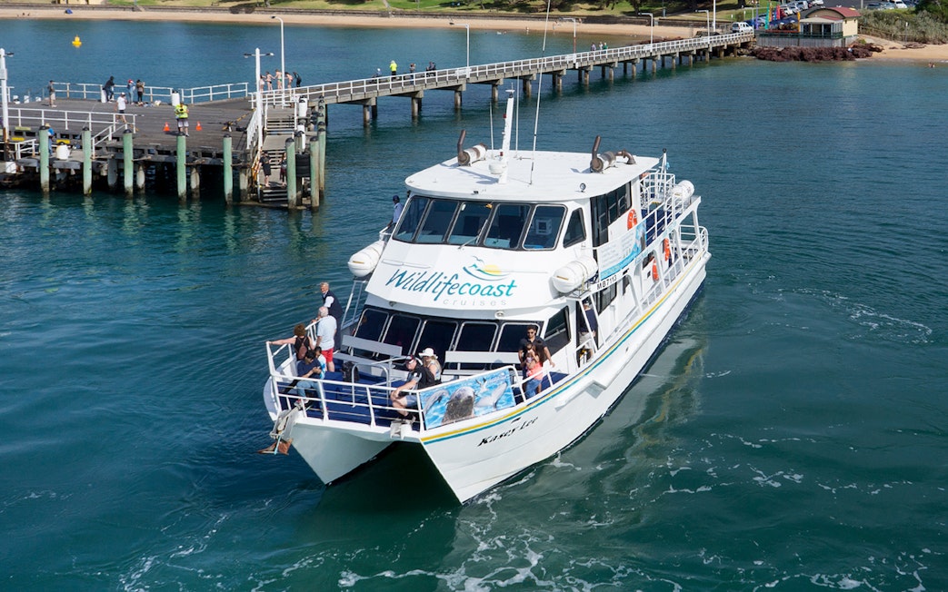 Cruise boat departing pier for seal watching at Phillip Island.