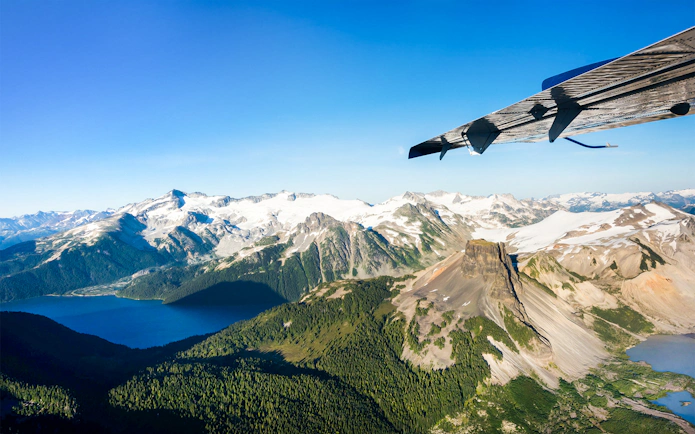 Aerial view of Whistler Glacier and surrounding mountains from a seaplane tour.