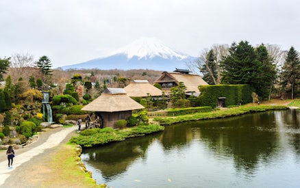 Traditional Japanese village with thatched roofs near Lake Kawaguchiko, Mt. Fuji in the background.