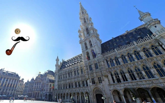 Grand Place in Brussels with detective-themed graphics in the sky.