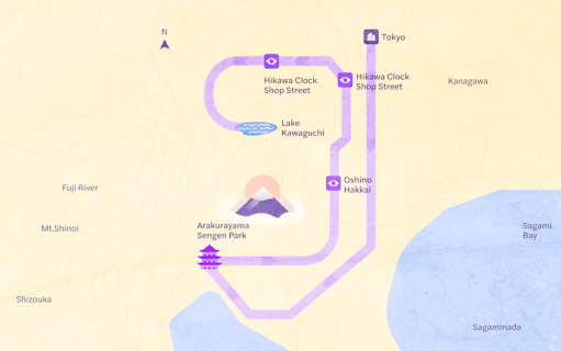 Map of Tokyo 1-Day Tour featuring Mt. Fuji, Oshino Hakkai, and Lake Kawaguchi.