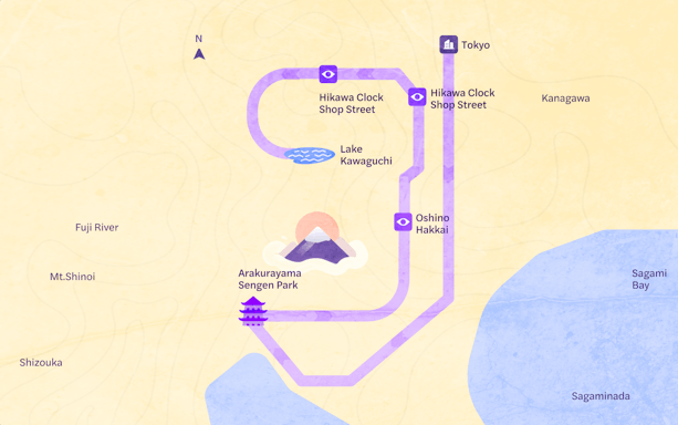 Map of Tokyo 1-Day Tour featuring Mt. Fuji, Oshino Hakkai, and Lake Kawaguchi.