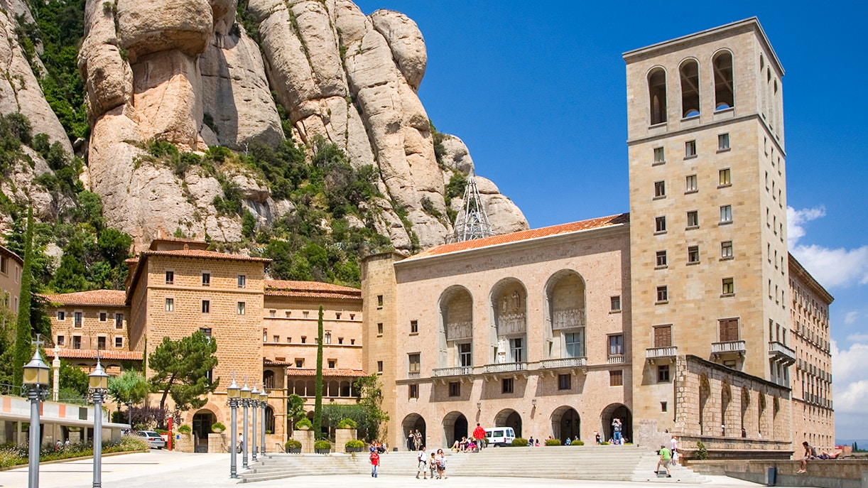 Montserrat Monastery nestled in the rugged mountains of Catalonia, Spain.