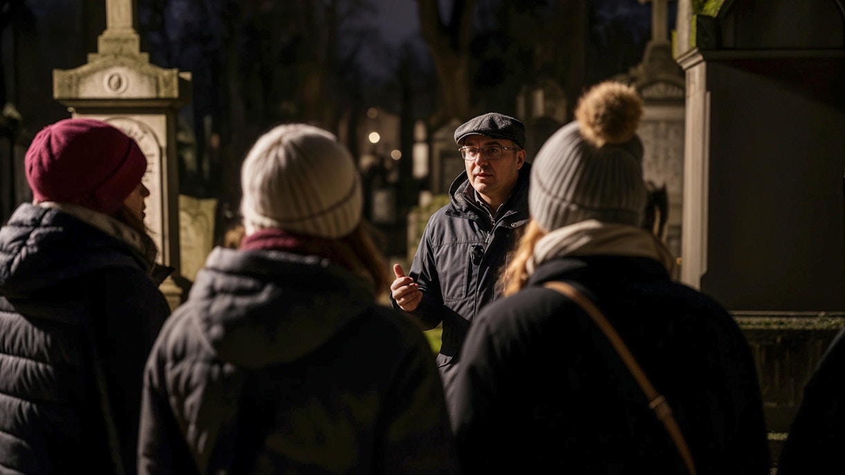 Tour guide leading a haunted cemetery bus tour at night.
