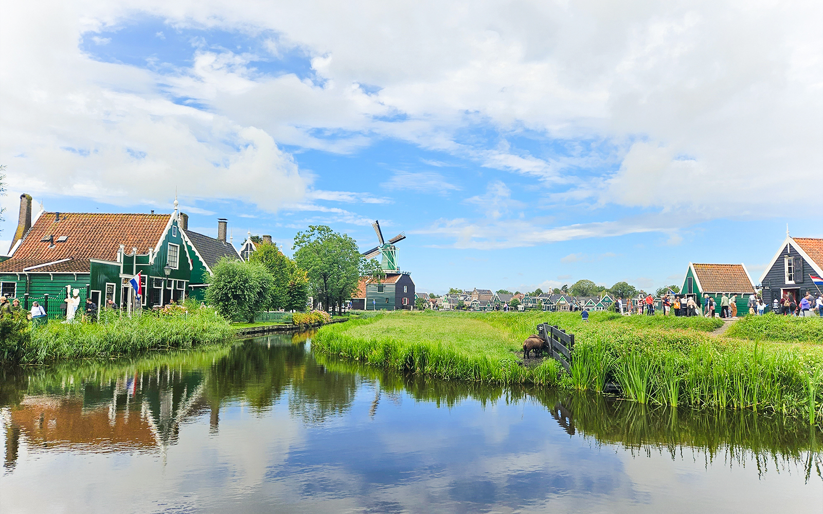 Windmill and traditional houses by a canal in Zaanse Schans, Netherlands.