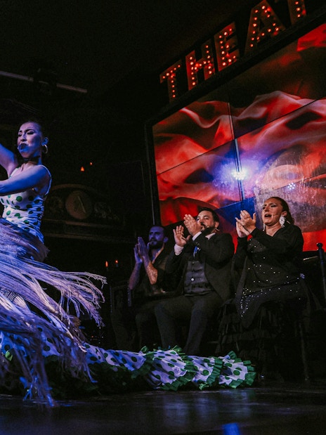Flamenco dancer performing at Teatro Flamenco Málaga Club with audience clapping.