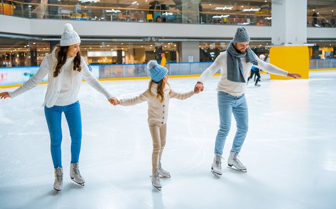 Family ice skating at Sunway Pyramid in Kuala Lumpur.