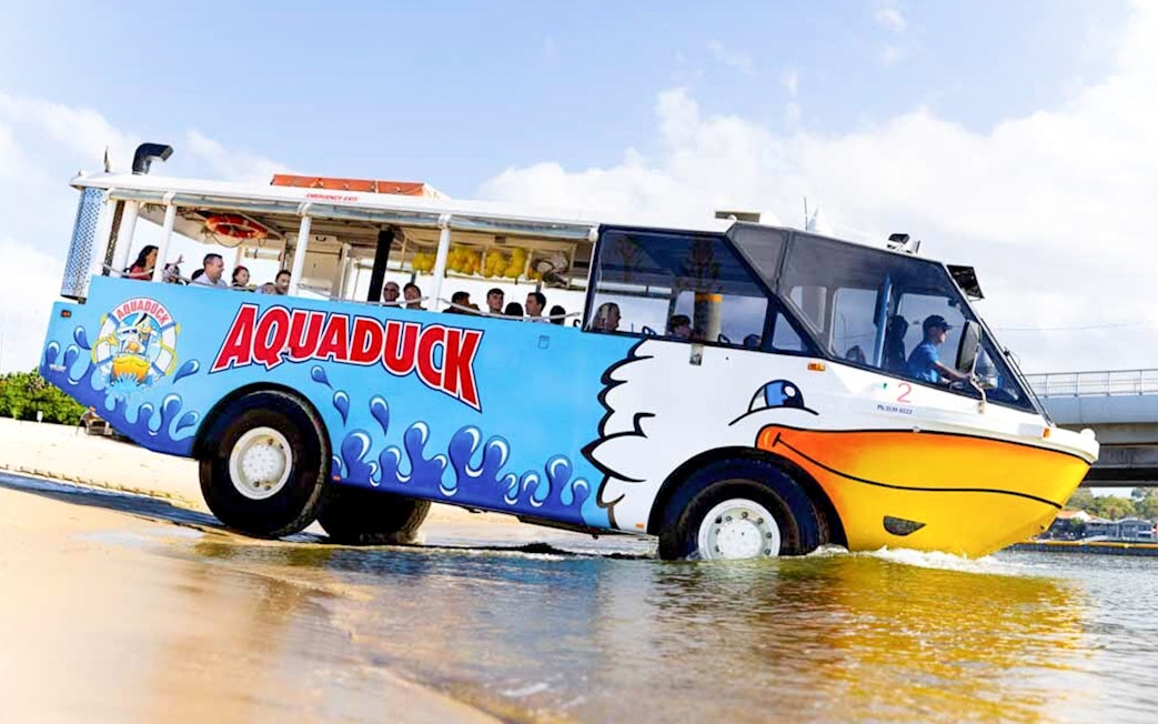 Aquaduck vehicle entering water during Jet Boat Adventure Ride & Aquaduck Safari Combo.