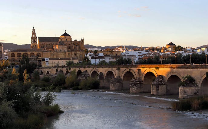 Cordoba Mosque-Cathedral and Roman Bridge at sunset, view from the river.