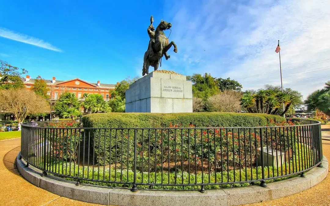 Andrew Jackson statue in Jackson Square, New Orleans, part of the Phantom Ballerina city exploration game.