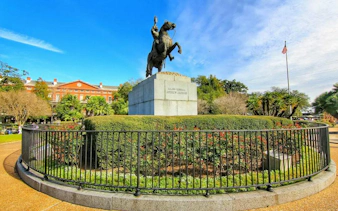 Andrew Jackson statue in Jackson Square, New Orleans, part of the Phantom Ballerina city exploration game.