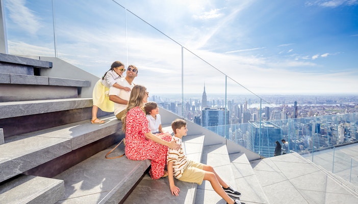 Skyline view from Edge's seats overlooking New York City skyscrapers.