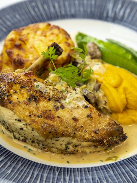 Grilled chicken with sauce, mashed carrots, and vegetables on the London Dinner Cruise.