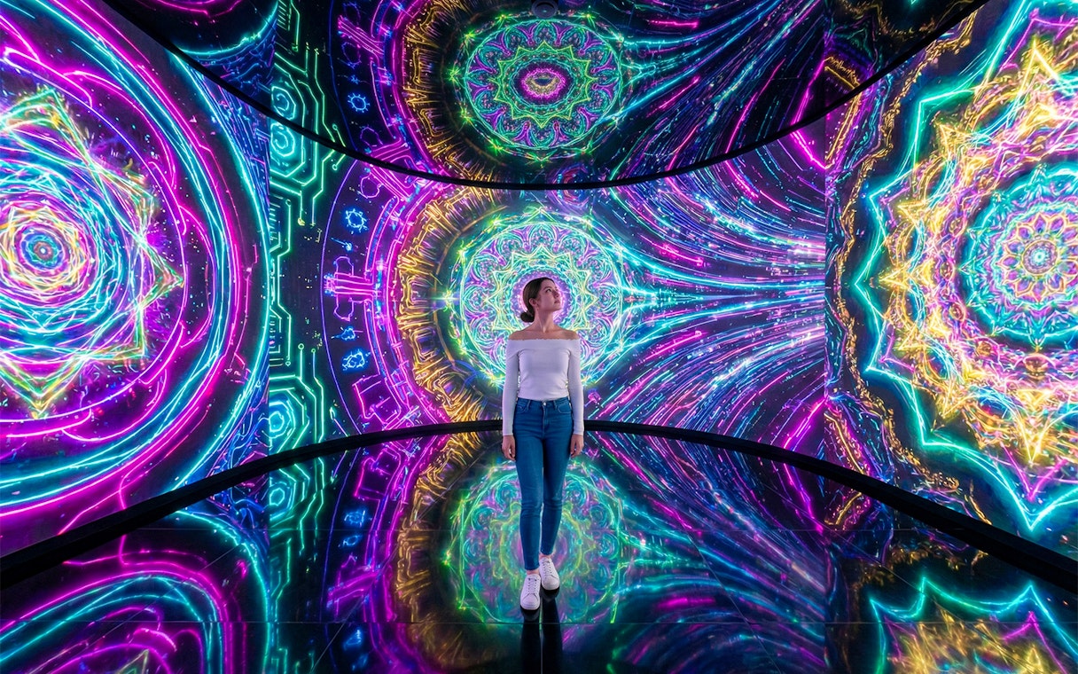 Woman standing amidst vibrant digital projections on walls and floor.