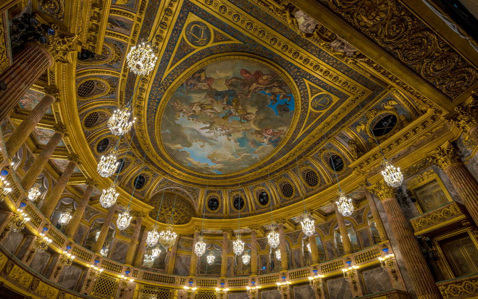 Royal Opera Versailles ceiling with intricate artistic decorations