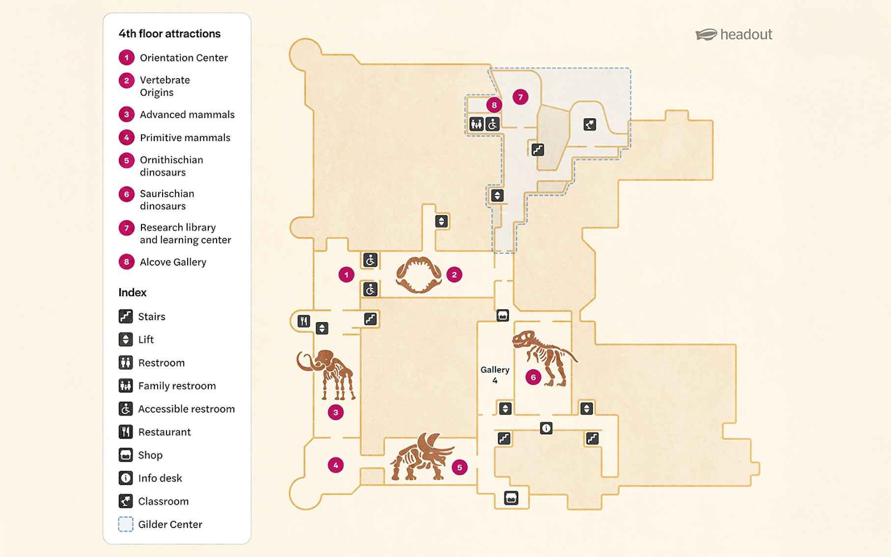 4th Floor map of American Museum of Natural History, New York, showing attractions and facilities.
