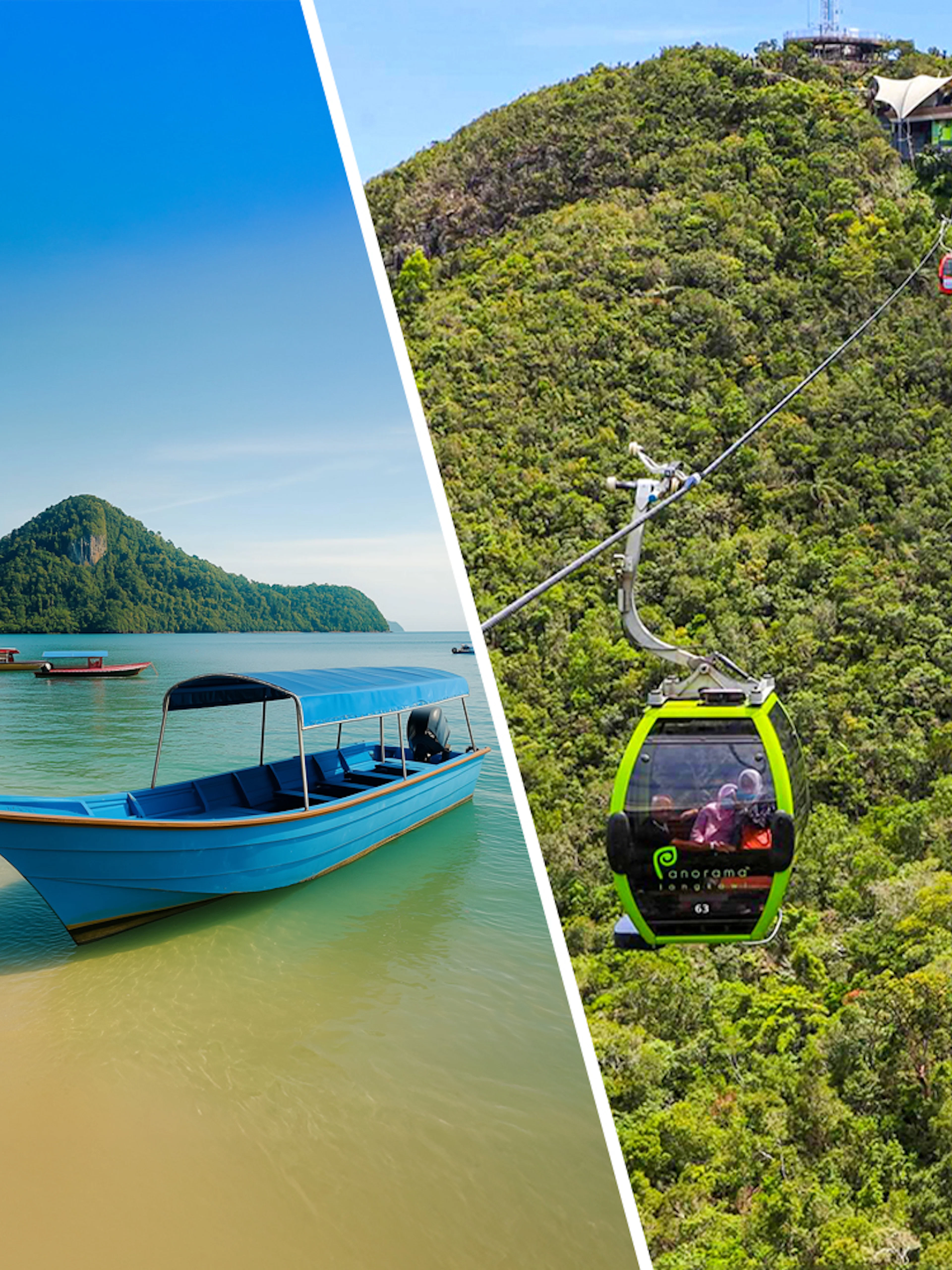 Speedboat anchored near Langkawi shore with cable cars over lush hills.