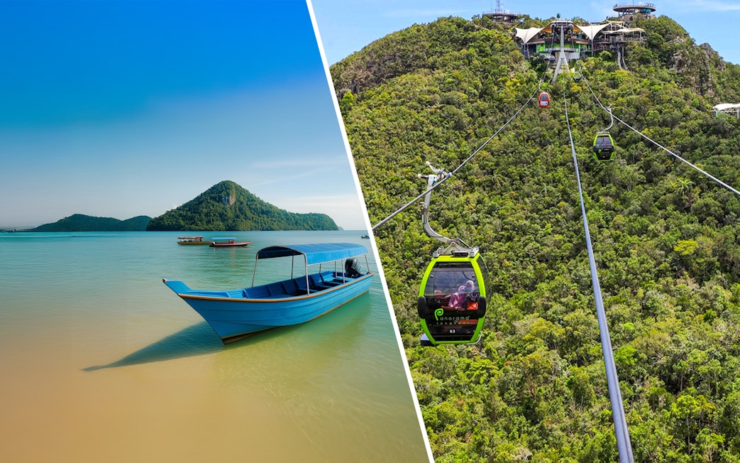 Speedboat anchored near Langkawi shore with cable cars over lush hills.