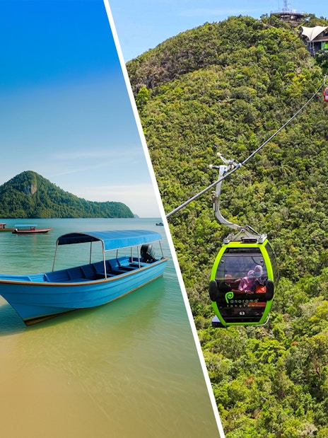 Speedboat anchored near Langkawi shore with cable cars over lush hills.