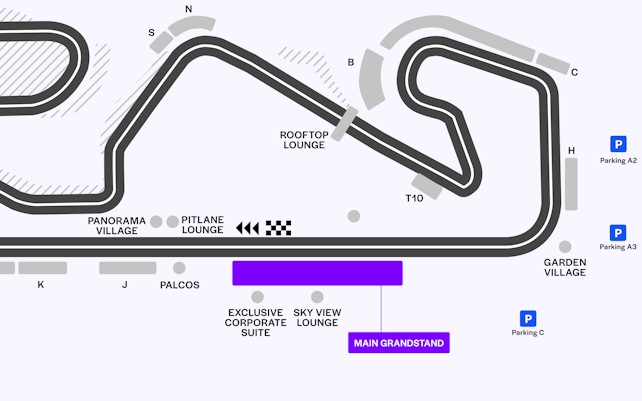 Plano del circuito de F1 Barcelona 2025 para la tribuna principal MB